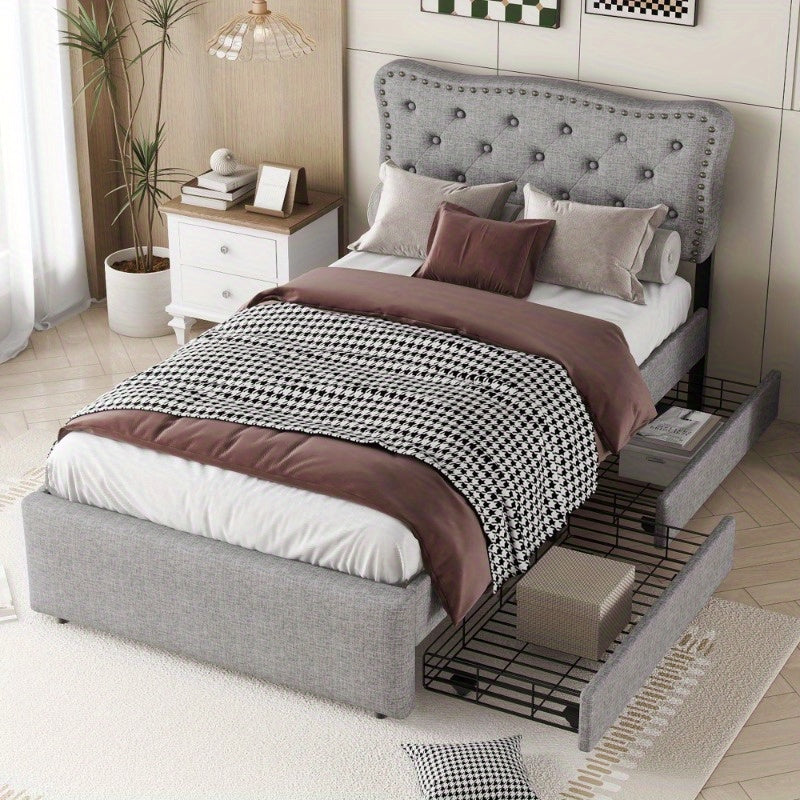 Bedframe – Bed – Eenpersoonsbed – Slaapbank – Bedbank – Moderne Stoffering – 90x200 cm – Met Opbergladen