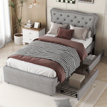 Bedframe – Bed – Eenpersoonsbed – Slaapbank – Bedbank – Moderne Stoffering – 90x200 cm – Met Opbergladen