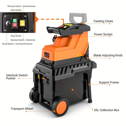 Takkenversnipperaar – Houtversnipperaar – Houtsnipperaar – Tuinversnipperaar – Houtversnippermachine – 2800W Borstelloze Motor – 55L Opvangbak