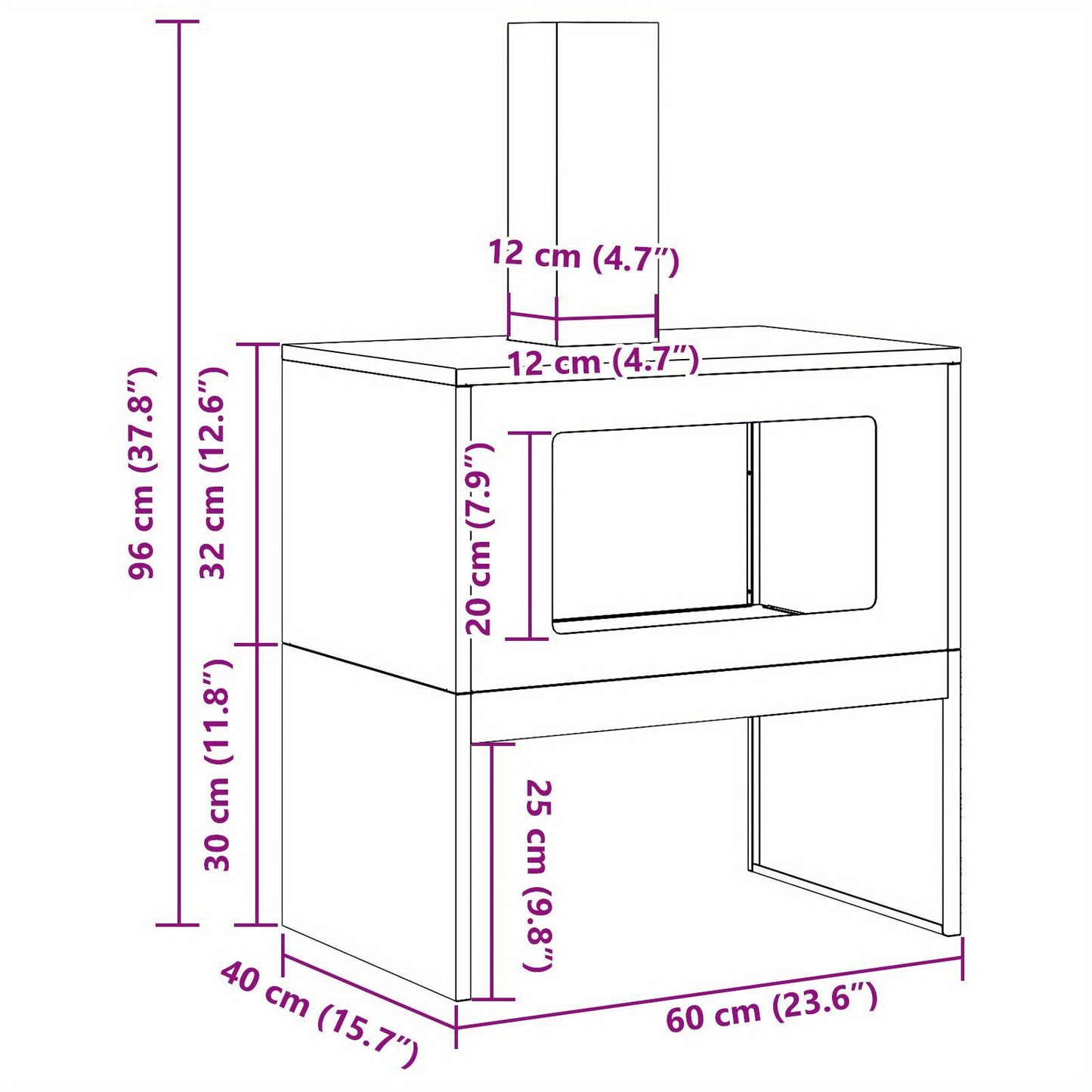 Vuurschaal – Vuurkorf – Tuinhaard – Buitenhaard – Terrashaard – Zwart Staal – Rechthoekig Design – 60x40x96 cm – Efficiënte Ventilatie – Opbergruimte