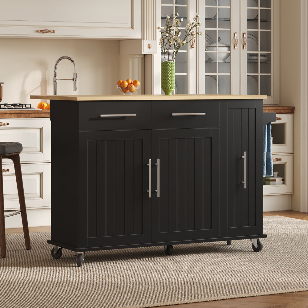 Expandable/Retractable Kitchen Island with Folding Leaf Extension & Storage Cart - Heavy-Duty Mobile Cart with 3-Tier Pull-Out Cabinet, Internal Shelving, 2 Drawers & Towel Rail - Space-Saving Suitable for Dining Areas, Assem