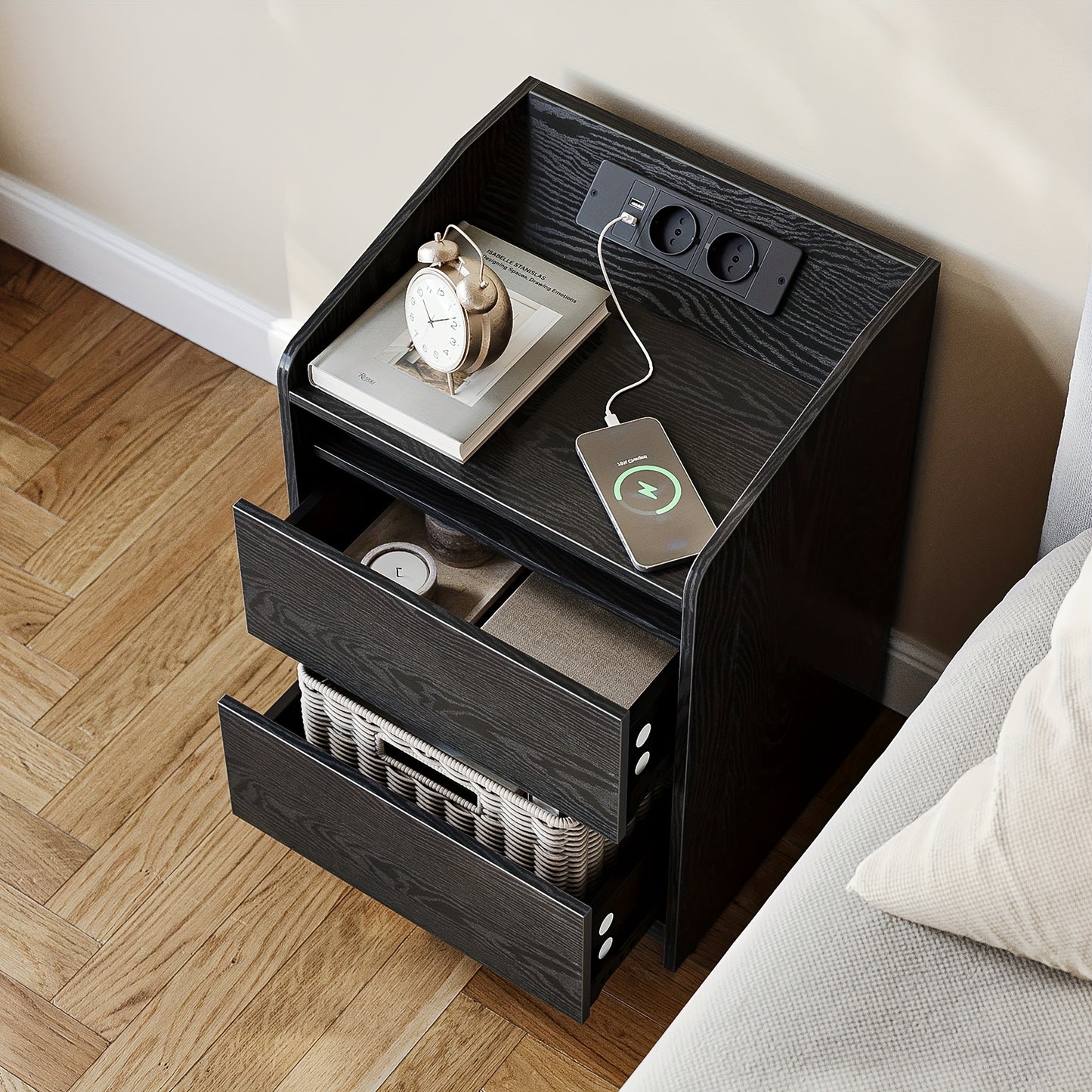 Nachtkastje – Bijzettafel – Opbergkastje – Nachtkast – Nachtkastjes – Set Van 2 Met LED-verlichting – Oplaadstation Met USB En Stopcontact – Zwart – 35x40x58 cm – Spaanplaat