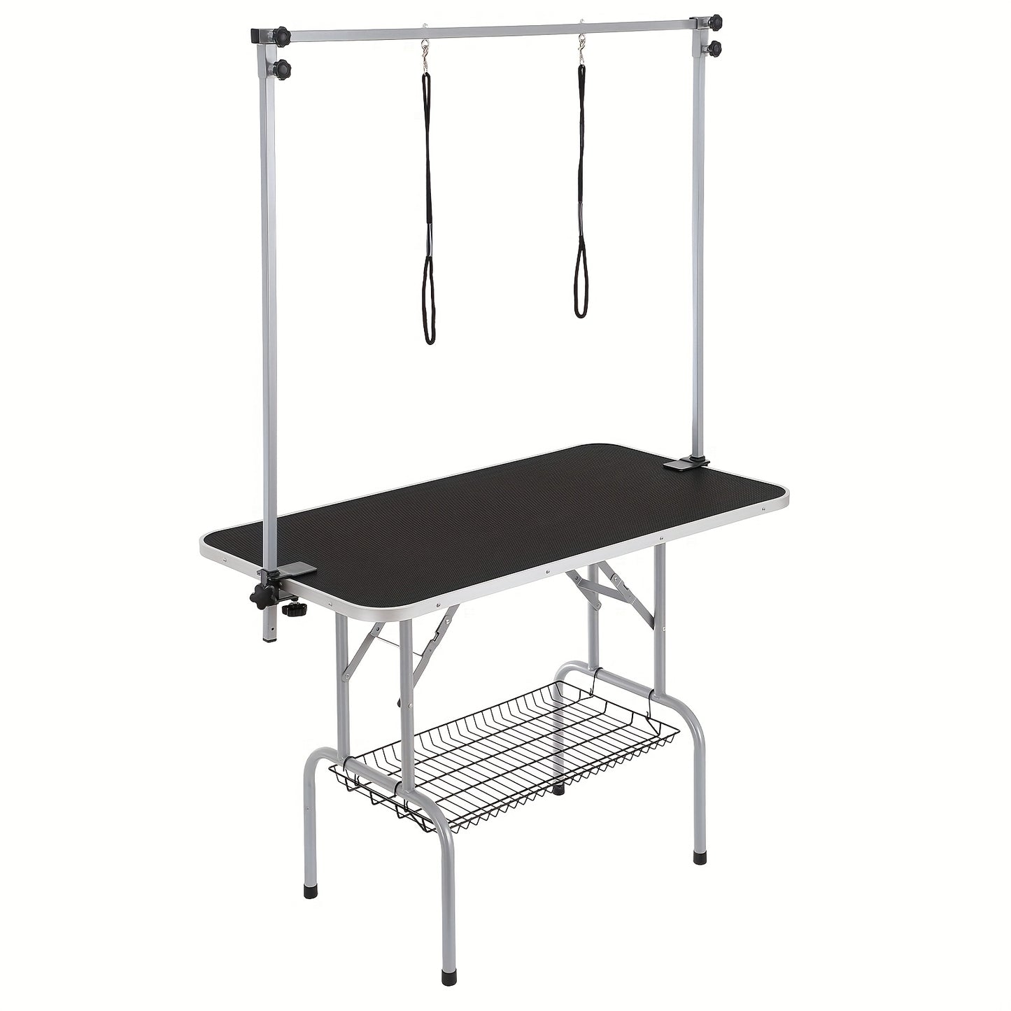 Trimtafel Hond – Trimbank Honden – Hondenverzorgingstafel – Grooming Tafel – Opvouwbare Verzorgingstafel – Dubbele Armen – Met Opbergrek – Stevig Metalen Frame – Roestvrijstalen Afwerking