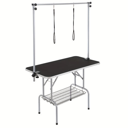 Trimtafel Hond – Trimbank Honden – Hondenverzorgingstafel – Grooming Tafel – Opvouwbare Verzorgingstafel – Dubbele Armen – Met Opbergrek – Stevig Metalen Frame – Roestvrijstalen Afwerking