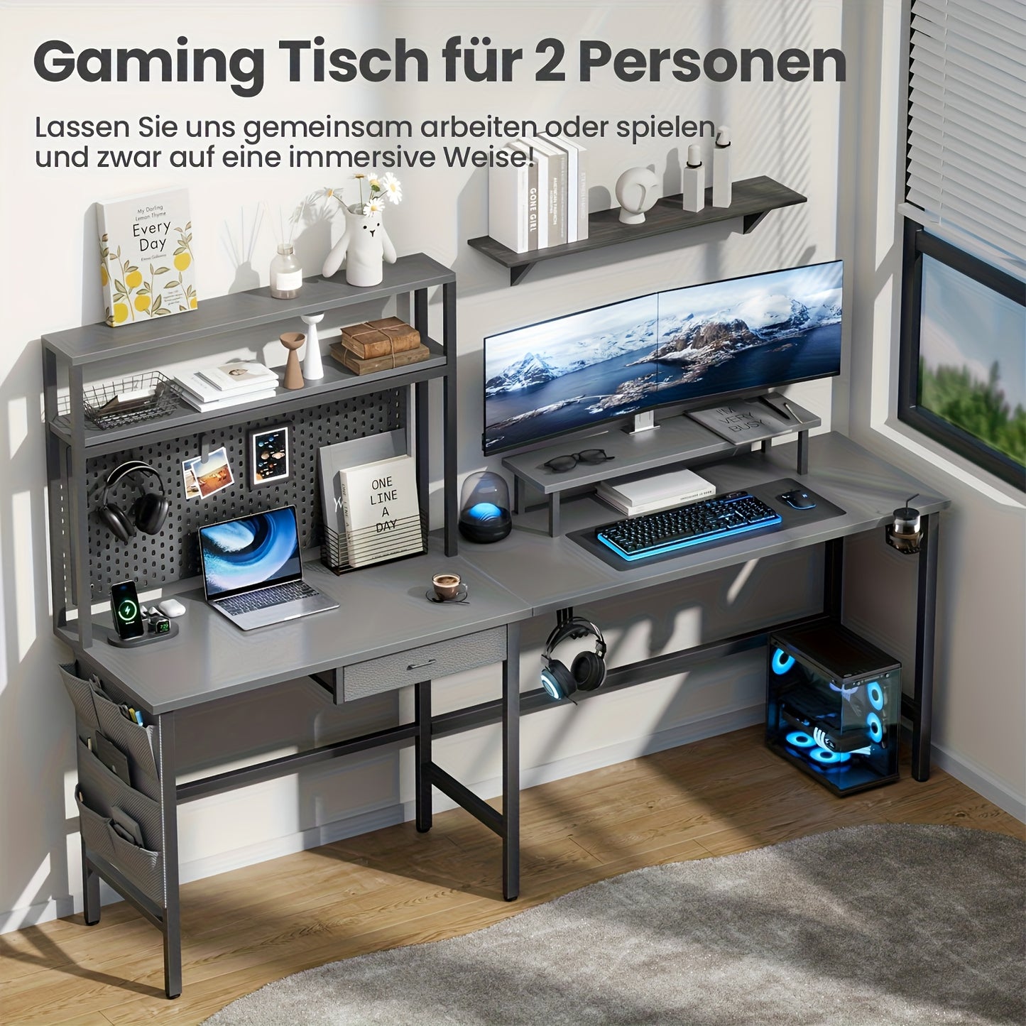 Ergonomisch Hoekbureau – Computerbureau – Gaming Tafel – L-vormig Bureau – Bureau Hoekopstelling – Geïntegreerde LED-verlichting – Verstelbare Monitorstandaard 170x100 cm Grijs