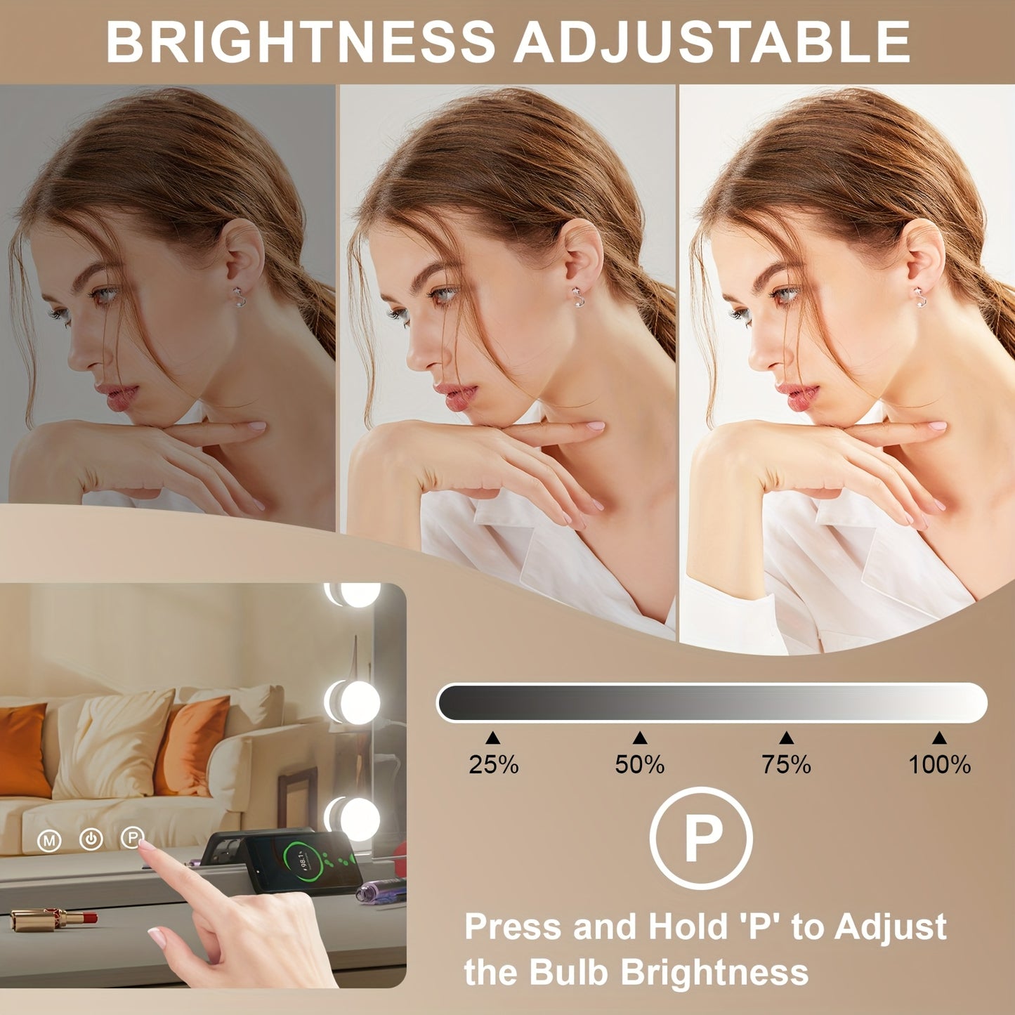 Make-up spiegel – Beautyspiegel – Vergrootspiegel – Verlichte spiegel – Scheerspiegel – 59x52 cm – 17 dimbare LED’s – 3 lichtstanden – USB-aangedreven – Dual mount design