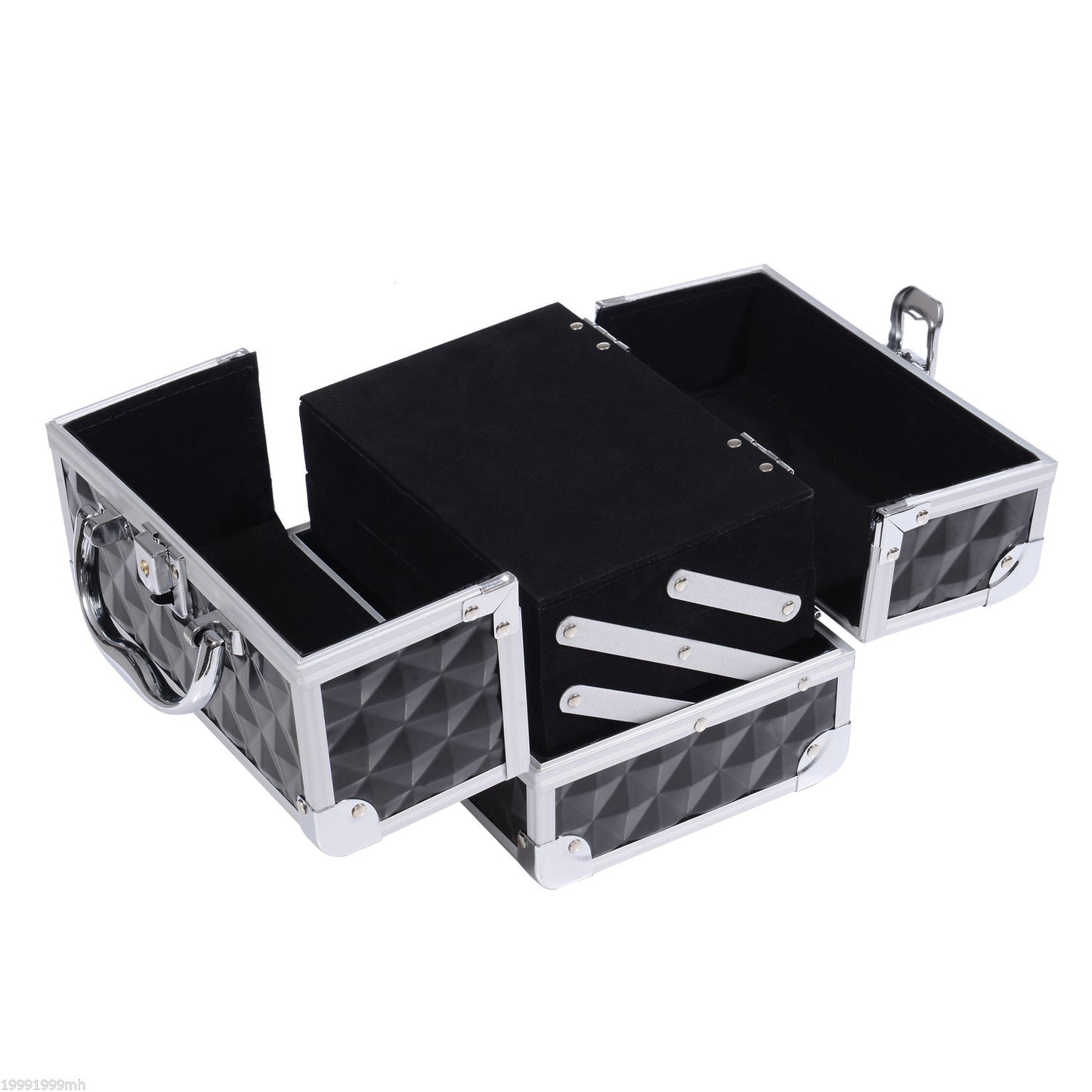 Make-upkoffer – Make-up trolley – Cosmetica koffer – Beautycase – Visagiekoffer – Aluminium frame – Uitklapbare 3-laags met slot en spiegel – Zwart – 20x15x15 cm