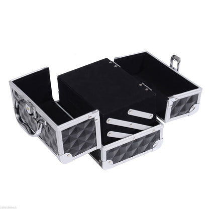 Make-upkoffer – Make-up trolley – Cosmetica koffer – Beautycase – Visagiekoffer – Aluminium frame – Uitklapbare 3-laags met slot en spiegel – Zwart – 20x15x15 cm