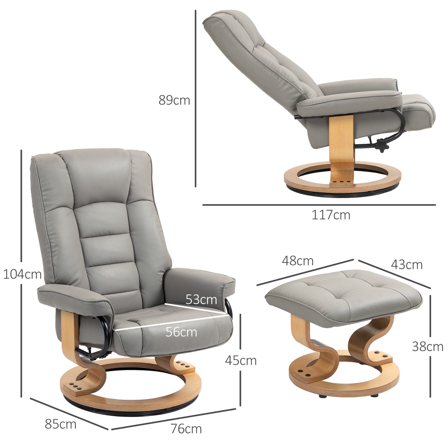 Relaxfauteuil – Draaifauteuil – Lounge Chair – Relaxstoel – Fauteuil Met Voetsteun – Verstelbare Rugleuning – Houten Frame Grijs
