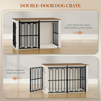 Hondenkennel – Hondenbench – Hondenkooi – Hondenren – Huisdierkooi – Hout – Dubbele Deuren Met Schuifmechanisme – Ruimtebesparend Design – Voor Kleine en Middelgrote Honden – Waterbestendig Spaanplaat – 60×100×62,4 cm – Bruin/Wit