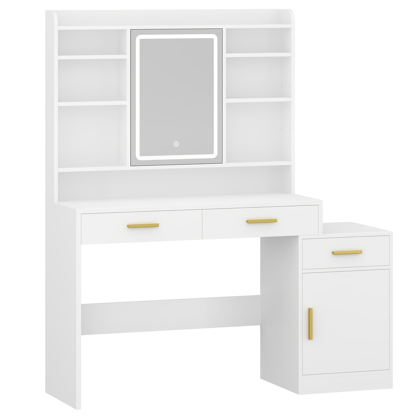Dressing Table with Large Mirror, 3 Drawers and 1 Cabinet, Open Multi-Layer Shelves, Suitable for Bedroom, Wardrobe, 40 x 100 x 149cm, White, Jewelry Armoires - QUORE