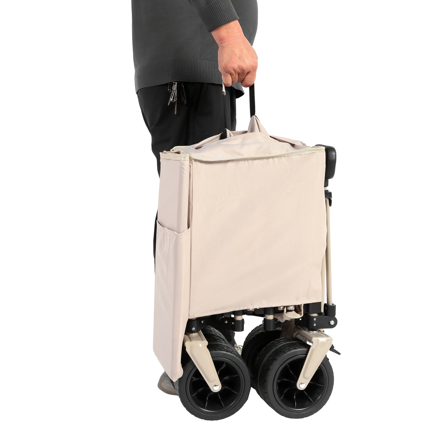 Tuinwagen – Bolderkar – Tuintrolley – Kruiwagen – Transportkar – Opvouwbaar – All-terrain Wielen – 99,79 KG Draagvermogen – Beige Stof – Bekerhouder