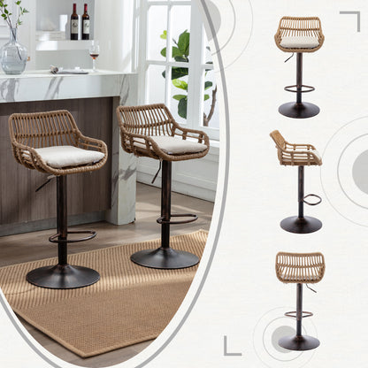 Barstoel – Barkruk – Barkrukken – Barstoelen – Keukenstoel – Verstelbare Hoogte – Beige Linnen Kussen – Zwarte Metalen Poot – Set Van 2 – Met Voetsteun – Direct Gebruiksklaar