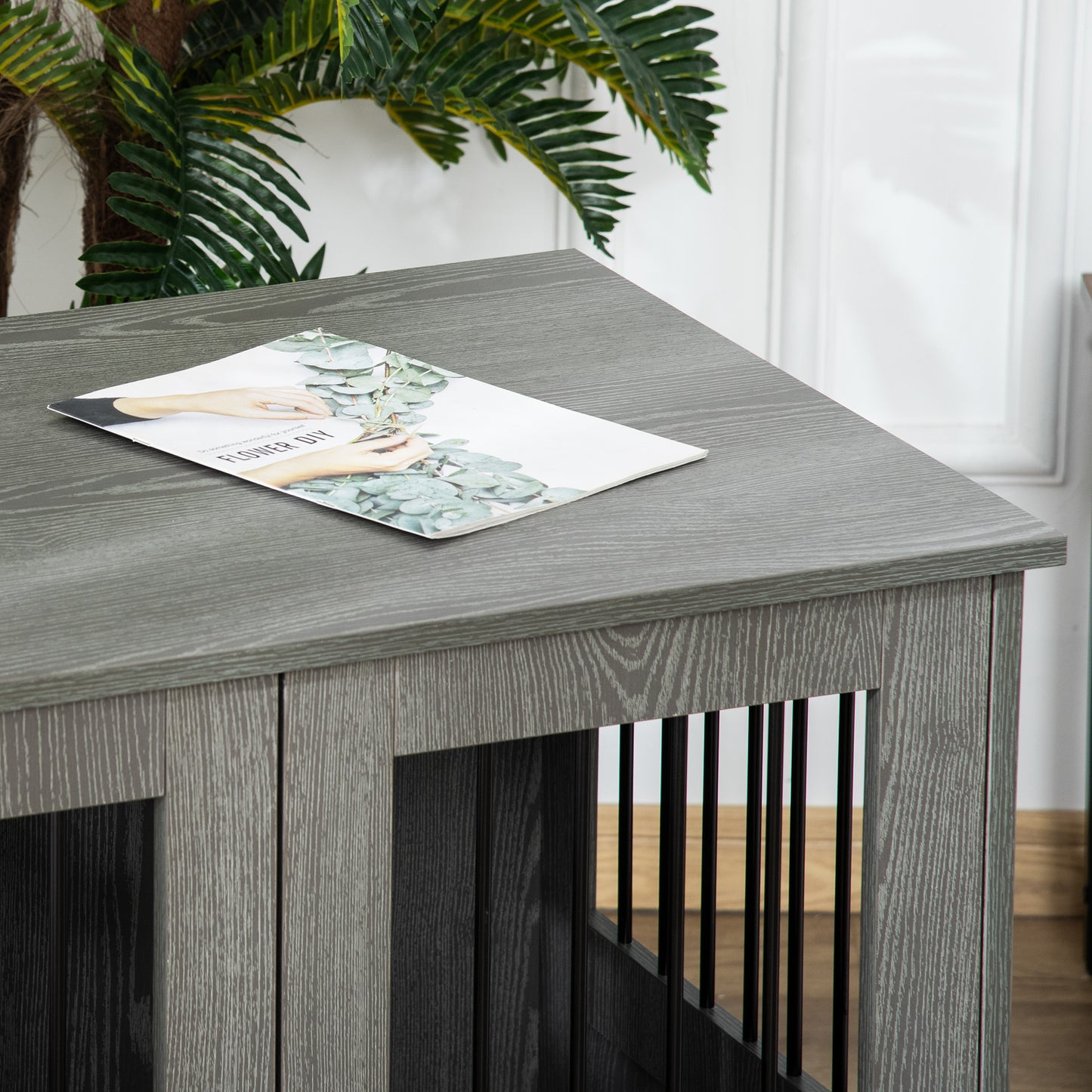 Hondenbench – Hondenkooi – Draadkooi – Hondenhok – Hondenbox – Magnetische Deur – Stevig Hout Met Metaal – 85x55x87 cm – Grijs