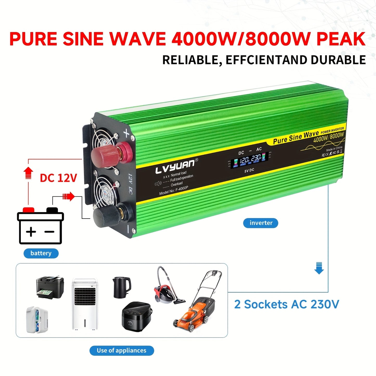 Omvormer 12V – Spanningomvormer – Inverter – DC naar AC Converter – Stroomomzetter – Hoog Vermogen 4000W – Hard-Wired Installatie