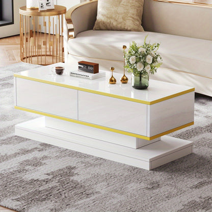 Salontafel – Woonkamertafel – Koffietafel – Bijzettafel – Coffee Table – Warm Wit Met Gouden Accenten – 2 Ruime Lades – 100 Cm Breed Met Stabiel Metalen Frame