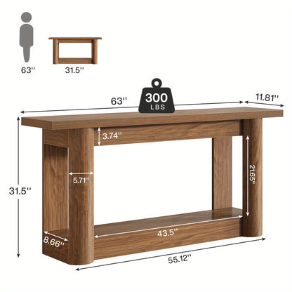 Console Tafel – Sofa Tafel – Sidetable – Haltafel – Accenttafel – 160 cm – U-Vormige Grijze Basis – Vintage Brown & Gray – Houten 2-Lagen – Landelijk Design