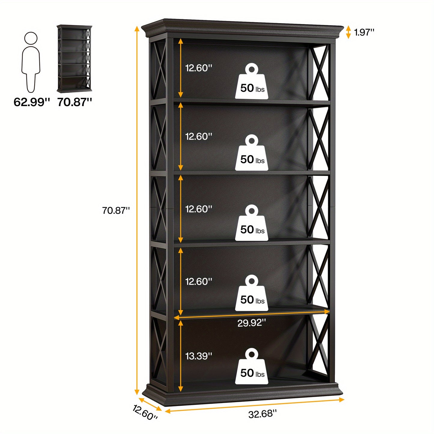 Boekenkast – Boekenplank – Vakkenkast – Opbergkast – Stellingkast – Zwart – 5 Laags – Massief Hout Met Metaal – Open Achterkant – Stevig & Compact