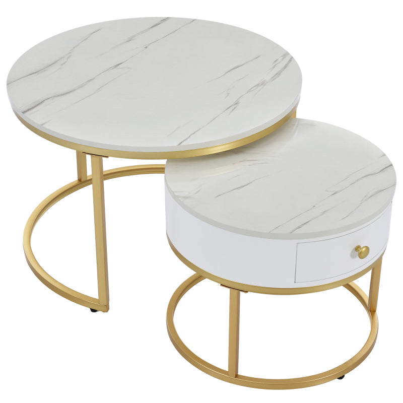 Salontafel – Koffietafel – Bijzettafel – Nachtkastje – Woonkamertafel – Hoogglans Marmerpatroon – Set van 2 Ronde Nesting Tafels 70x70 & 50x50 cm