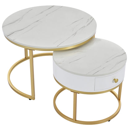 Salontafel – Koffietafel – Bijzettafel – Nachtkastje – Woonkamertafel – Hoogglans Marmerpatroon – Set van 2 Ronde Nesting Tafels 70x70 & 50x50 cm
