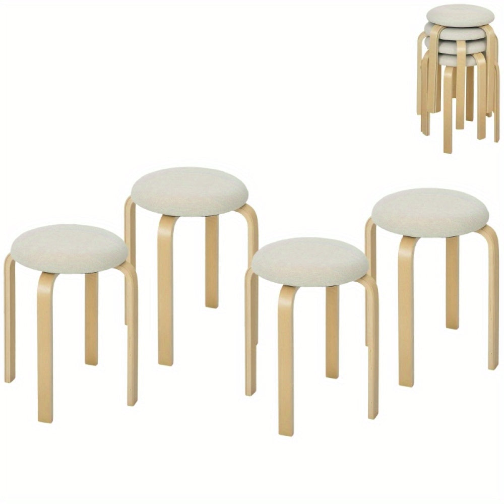 Kruk – Krukje – Stoel – Hocker – Set Van 4 – Crème Wit Linnenstof – Stapelbaar – Zachte Gewatteerde Zitting – Solide Rugleuning – Gelakt Frame