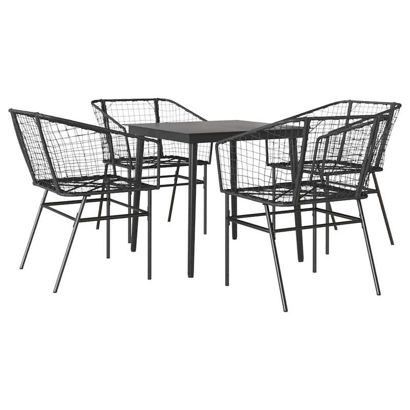 5-delige tuinset – tuintafel set – tuinmeubilair – tuinmeubels – buitentafel – zwart poly rattan – gehard glazen blad – duurzaam metalen frame