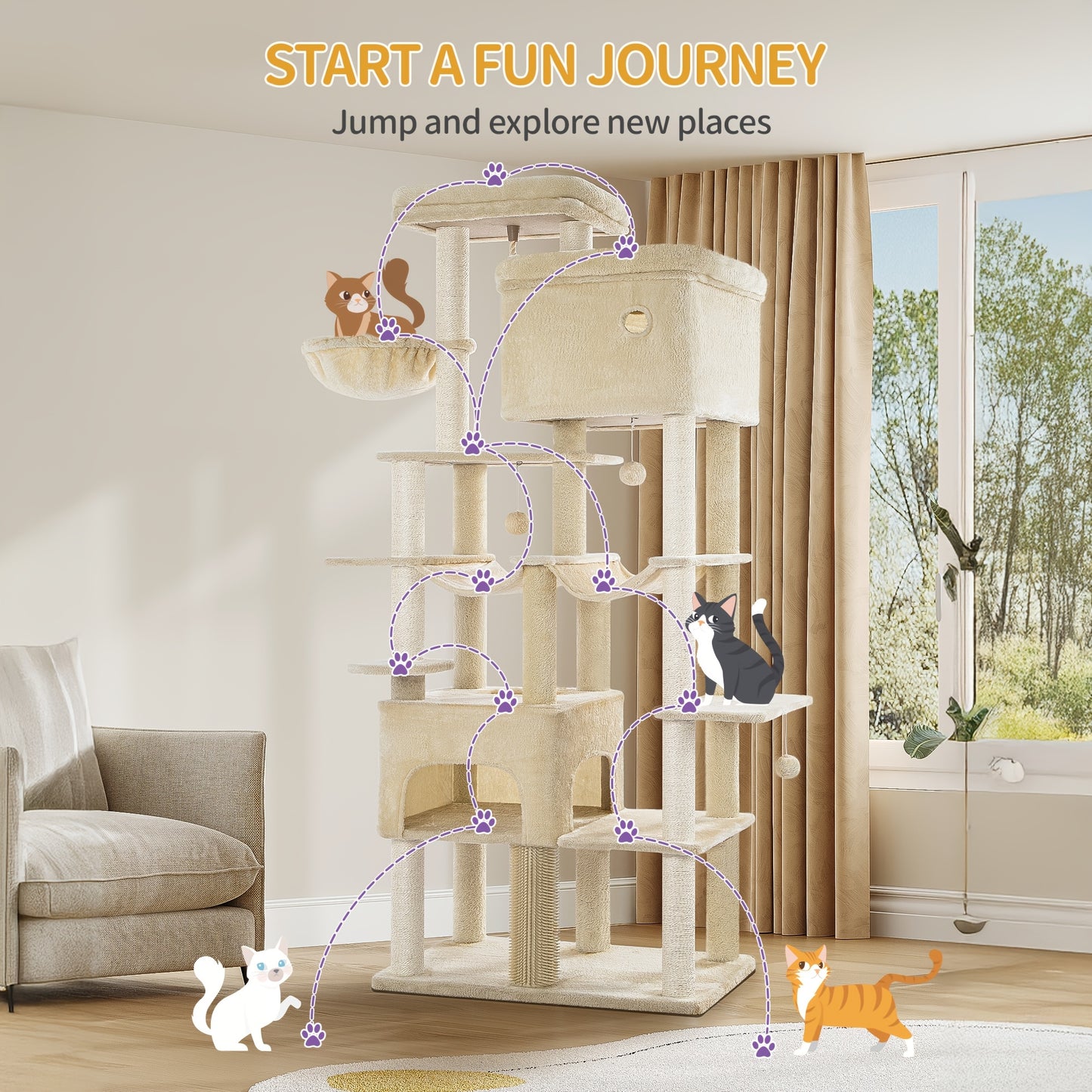 Cat Scratching Post 200cm XXL, Includes 10 Scratching Posts, 2 Cat Beds, 2 Hammocks, Large Platform, Cat Brush, Basket, Heavy-duty Cat Tree, Suitable for Maine Coons And Large Cats, Light Grey, Dark Grey, Beige, Pet Climbing - QUORE