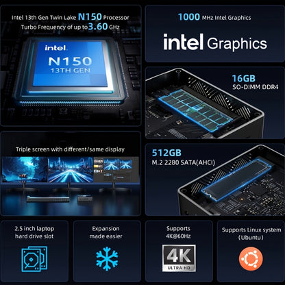 Mini PC – Compact Desktop Computer – Kleine PC – Stille Werkplek PC – Intel N150 Turbo – 16GB RAM – 512GB SSD – Slim Lichtgewicht Design – Intel Graphics