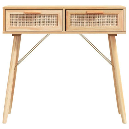 Consolentafel – Sidetable – Halmeubel – Wandtafel – Opbergmeubel – Massief Eikenhout & Natuurlijk Rotan – 2 Laden & Ruimtebesparend – 80x30x75 cm – Rustiek Modern