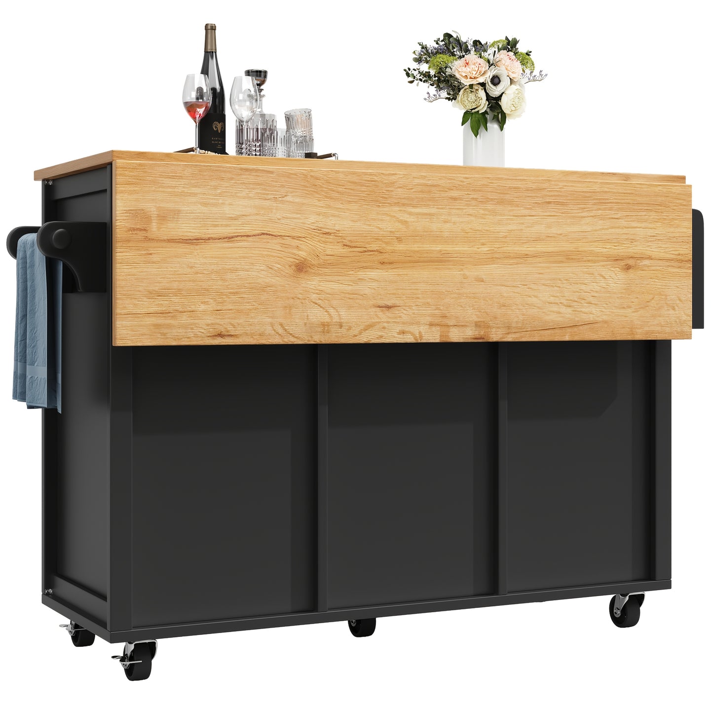 All-in-One Kitchen Island Buffet Cabinet with Folding Worktop, Heavy-Duty Non-Wood Construction, Adjustable Shelves, Wine Rack (Holds 4 Bottles), Door Shelf, Towel Rack - Space-Saving Mobile Kitchen Trolley for Small Kitchens