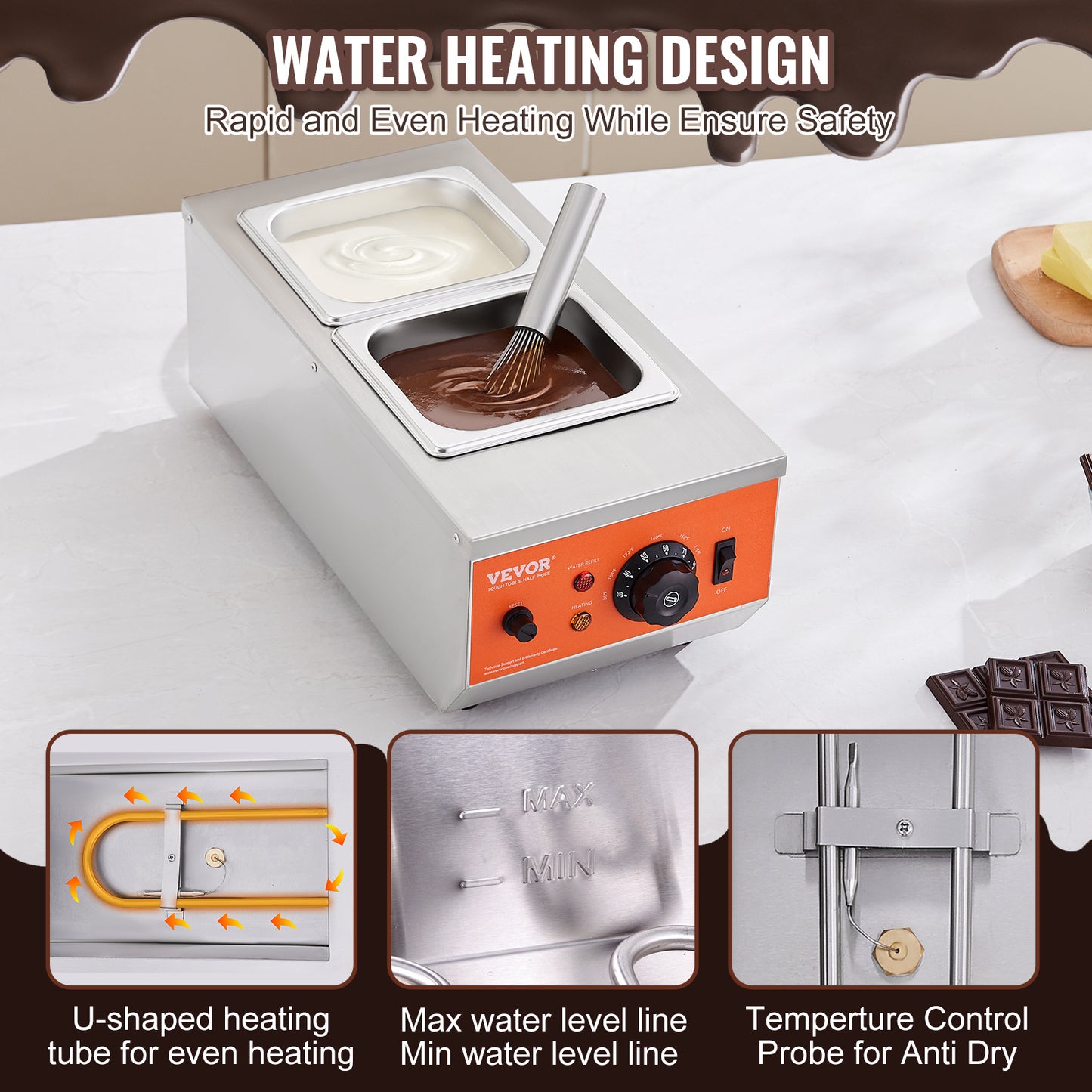 Chocolade smeltketel – Chocolade smelter – Chocolade smeltpan – Chocolade temper apparaat – Chocolade smeltmachine – 2 aparte verwarmingscilinders – 800W roestvrij staal