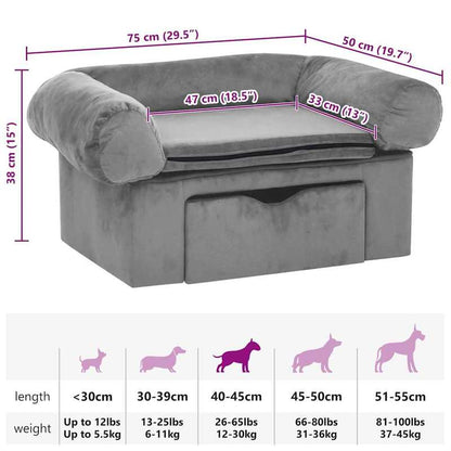 Gray Dog Sofa with Drawer 75x50x38cm Soft and Comfortable Convenient Storage Body-Fitting Easy to Clean Versatile for Home Suitable for Small-Medium Dogs