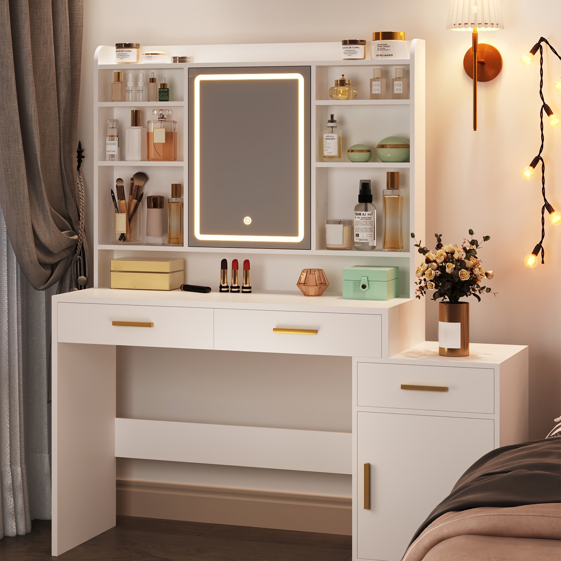 Dressing Table with Large Mirror, 3 Drawers and 1 Cabinet, Open Multi-Layer Shelves, Suitable for Bedroom, Wardrobe, 40 x 100 x 149cm, White, Jewelry Armoires - QUORE