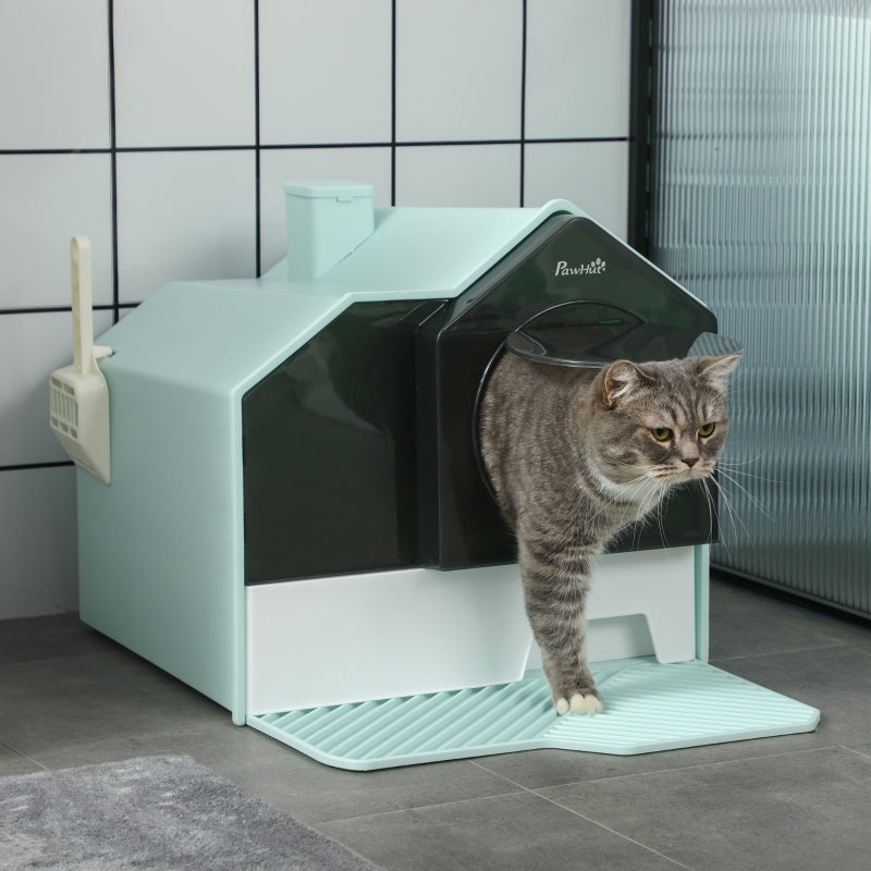 kattenbak – kattentoilet – kattentoiletbak – kattenbak met klep – kattenbak met lade – Groen – Afneembare Tray – Inclusief Schep en Zeefmat