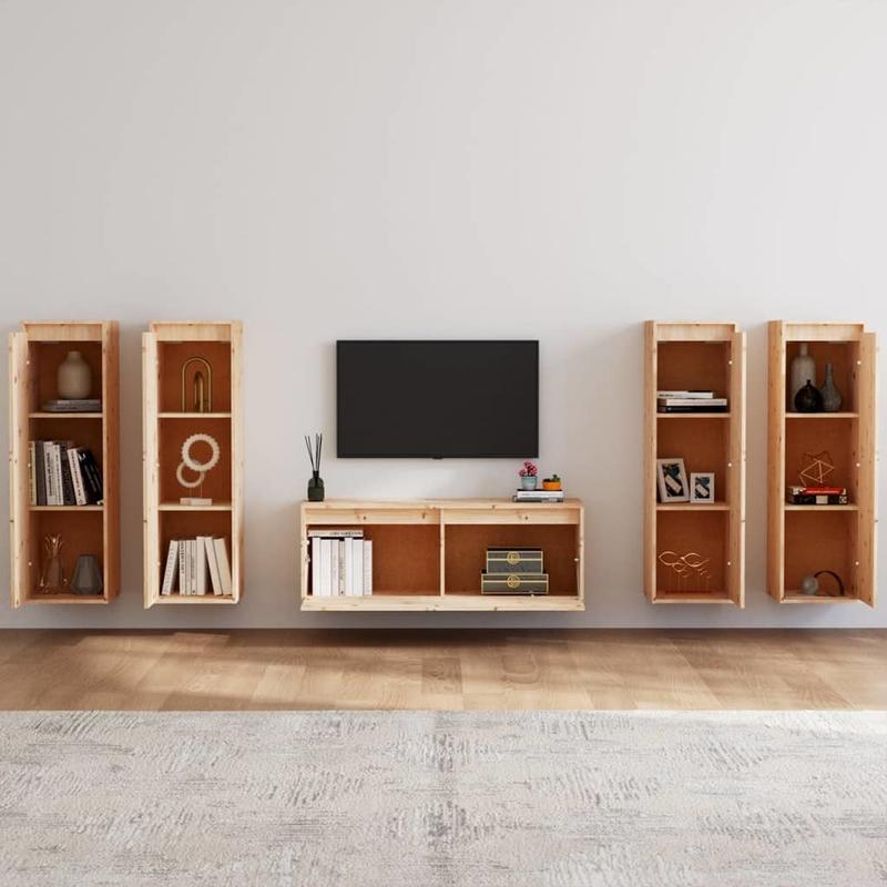 Massief Houten TV-kast – Wandmeubel – TV-standaard – Opbergkast – Entertainmentmeubel – Set van 5 – Duurzaam Hardhout – Muurbevestiging Zonder Stroom