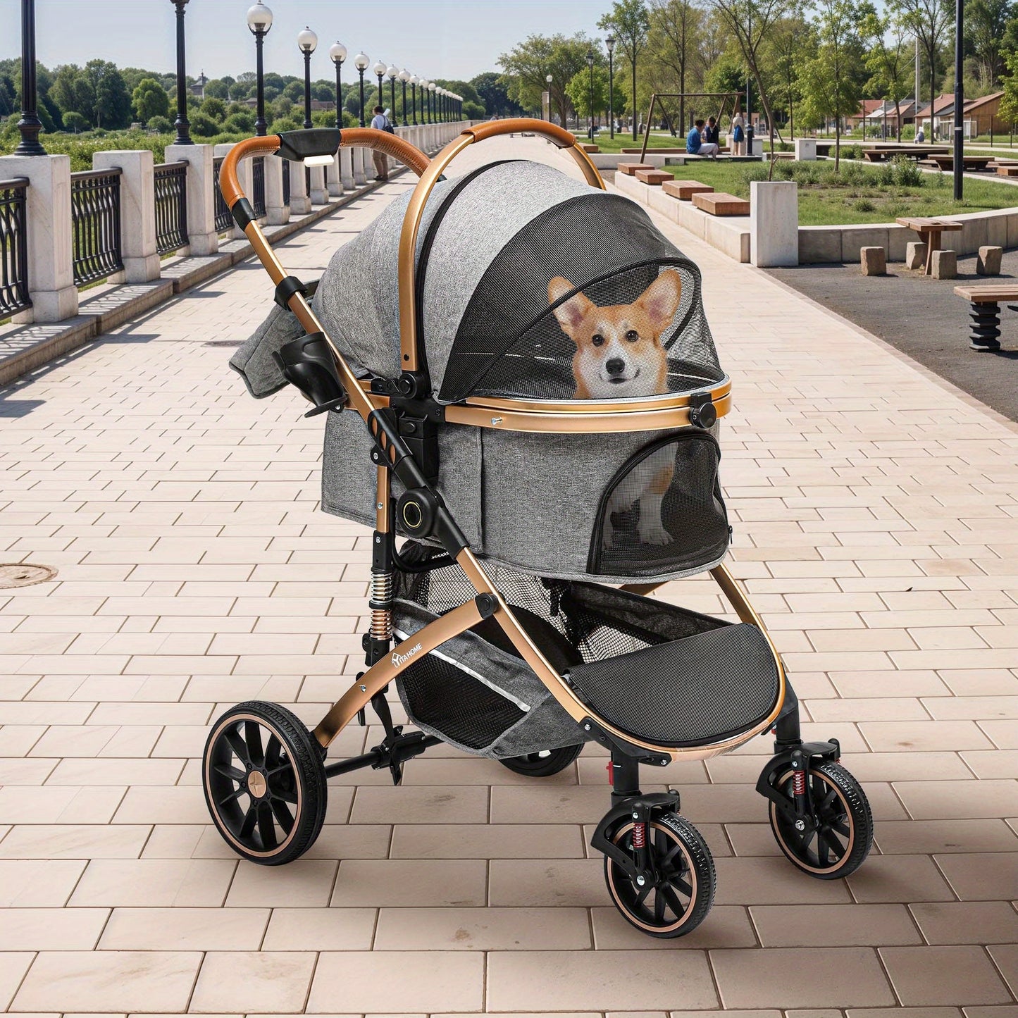 Hondenwagen – Wandelwagen – Autostoeltje – Draagmand – Hondenbuggy – Grijs – Stevig Stalen Frame – Inklapbaar & Met Afneembare Opbergtas
