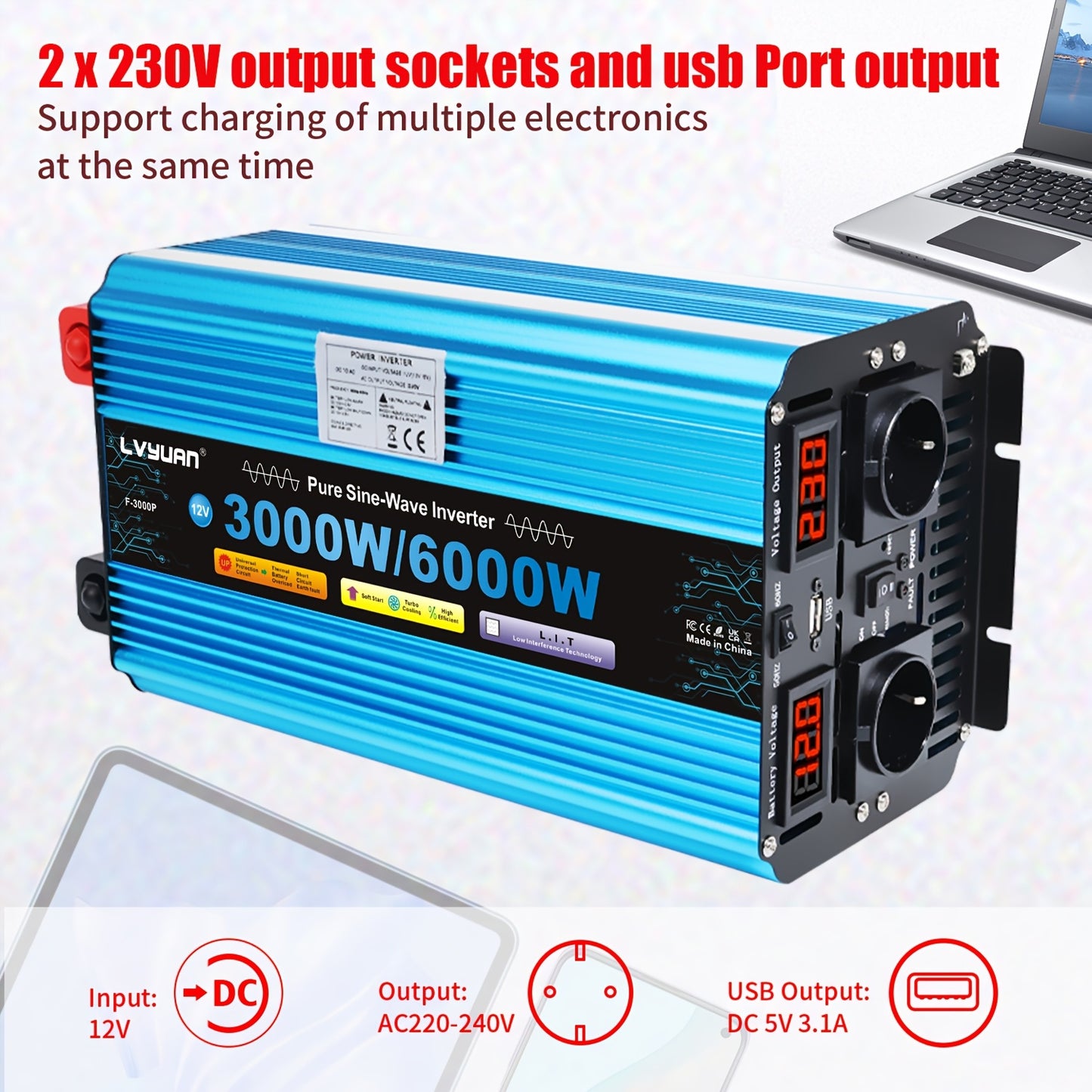 Power Inverter – Spanningsomzetter – Omvormer – DC naar AC Converter – 12V Variant – Pure Sinusgolf – 3000W Continuvermogen – 2 AC Stopcontacten – LED Display – Metalen Behuizing