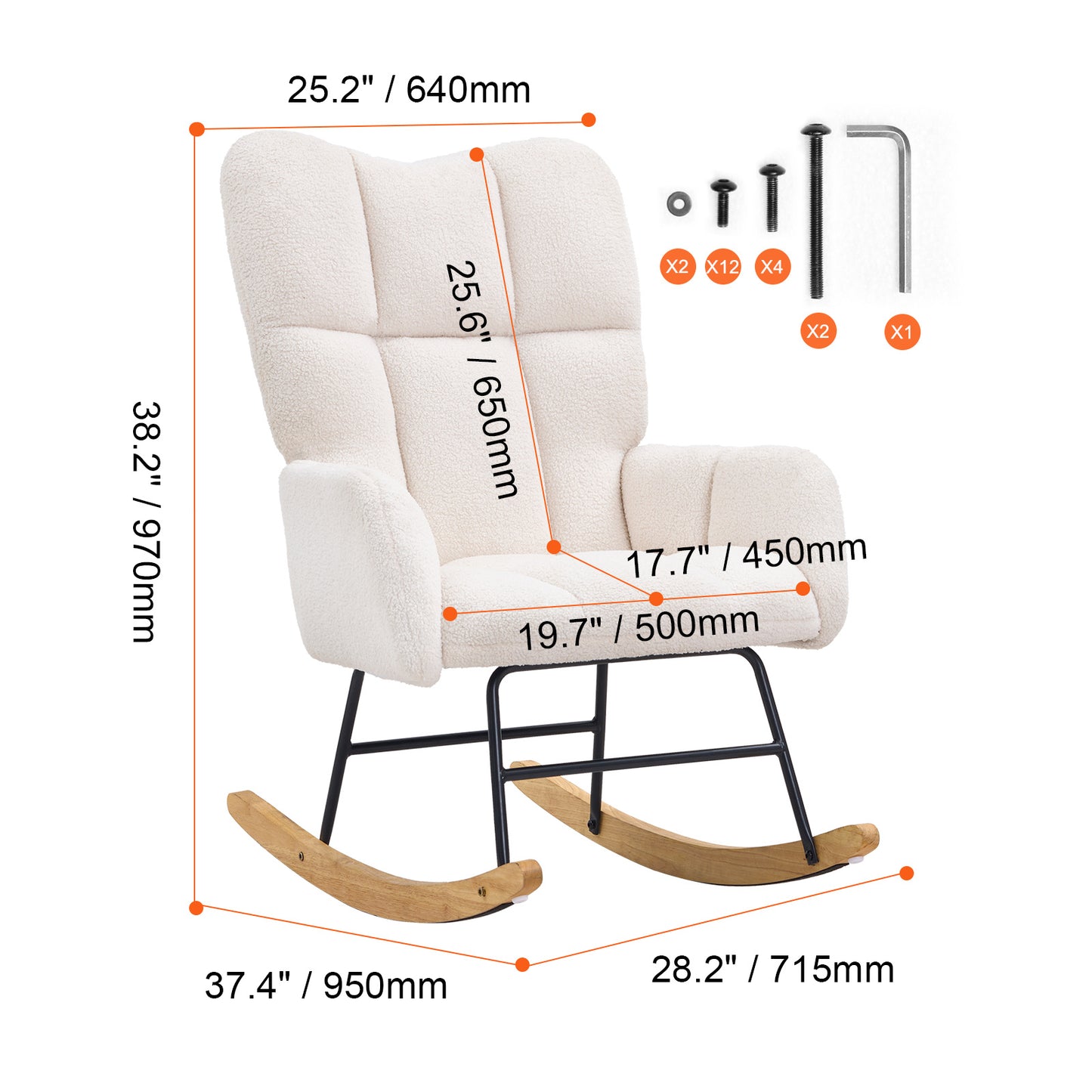 Schommelstoel – Schommelstoel Voor Babykamer – Wiegstoel – Relaxstoel – Nursing Chair – Zacht Teddy-Stof – Stevig Rubberhout Frame – Ivoor Wit