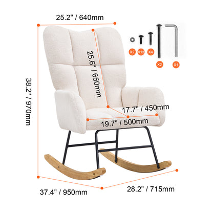 Schommelstoel – Schommelstoel Voor Babykamer – Wiegstoel – Relaxstoel – Nursing Chair – Zacht Teddy-Stof – Stevig Rubberhout Frame – Ivoor Wit