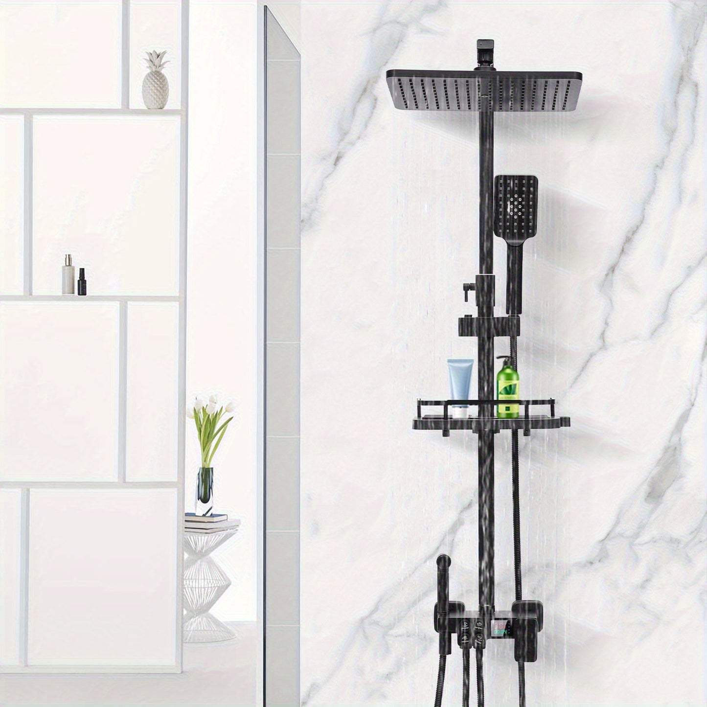 Regendouche – Douche Set – Doucheset – Douchesysteem – Handdouche – Mat Zwart – Roestvrij Staal – Verstelbare Hoogte – Ingebouwde Opbergrek