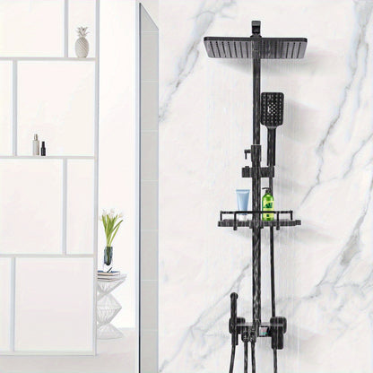 Regendouche – Douche Set – Doucheset – Douchesysteem – Handdouche – Mat Zwart – Roestvrij Staal – Verstelbare Hoogte – Ingebouwde Opbergrek