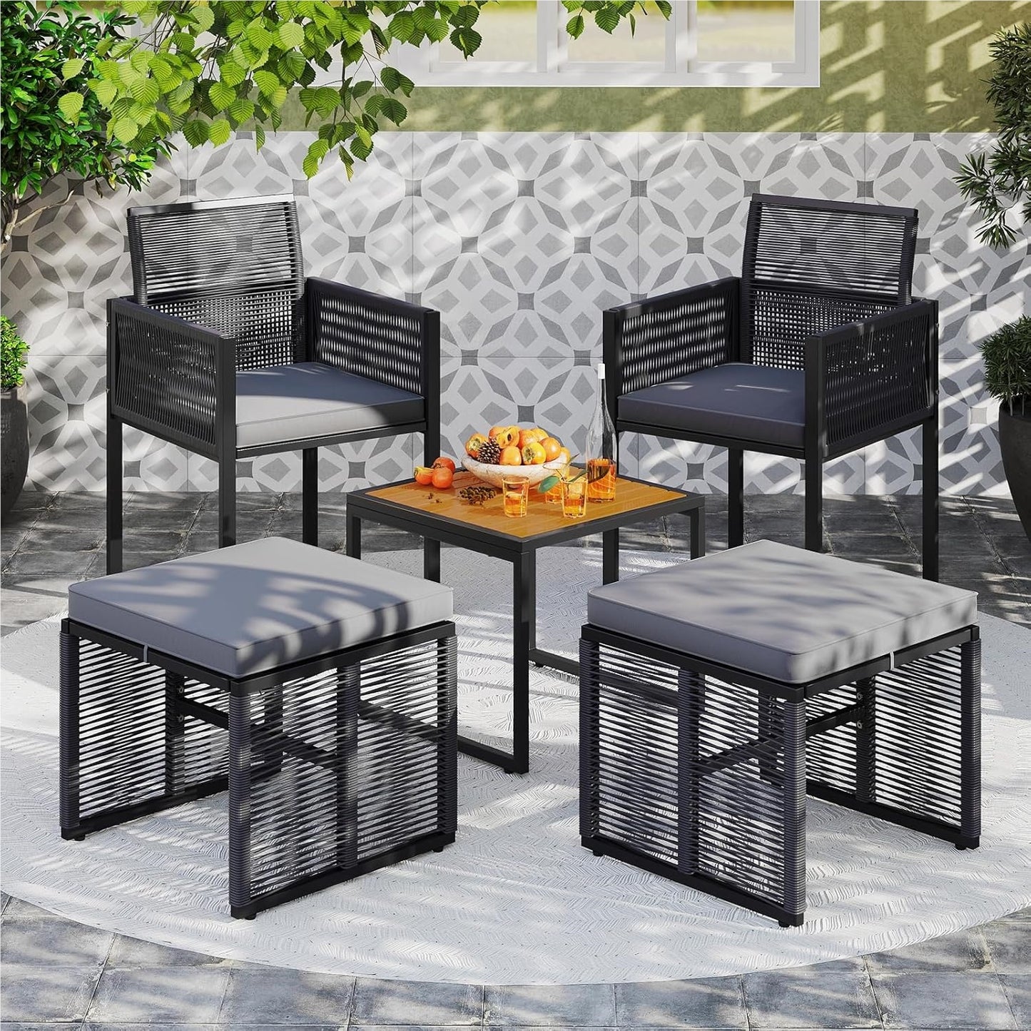 Tuinset – Loungeset – Balkonset – Zitgroep – Bistroset – 5-delig rattan met kussens – Opbergbare voetensteun en inklapbare rugleuning
