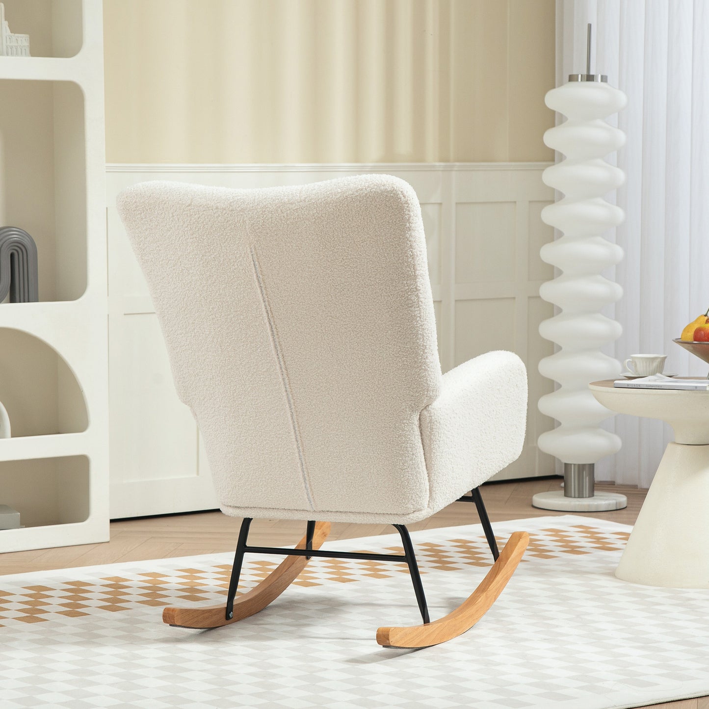 Rocking Chair, Cuddly Upholstery, Thick Padding, Slip-Resistant, Creamy White
