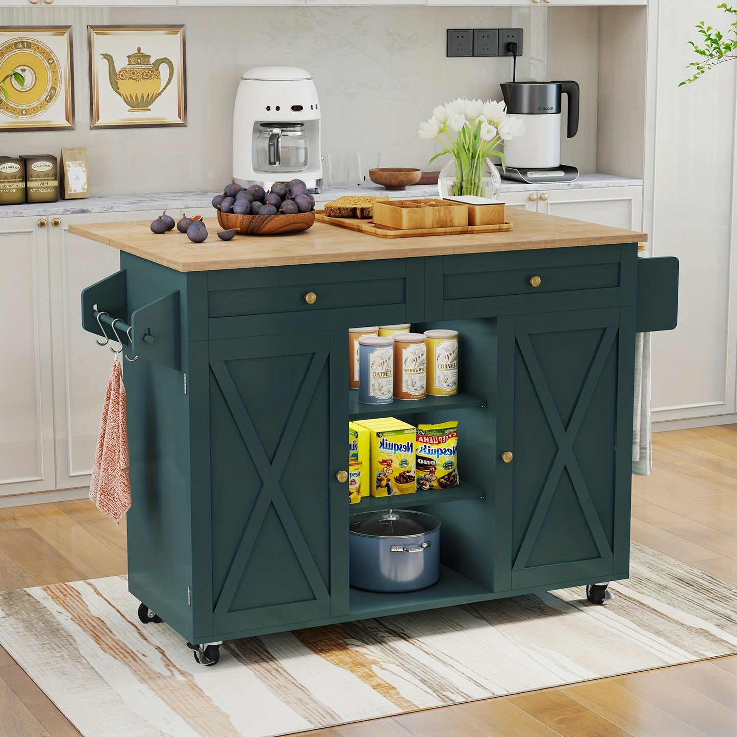 Inklapbare Keukenwagen – Keukentrolley – Serveerwagen – Opbergtrolley – Werktafel Op Wielen – Massief Hout – Verstelbare Planken – Ruimtebesparend Design – Mobiel Met Lockbare Wielen