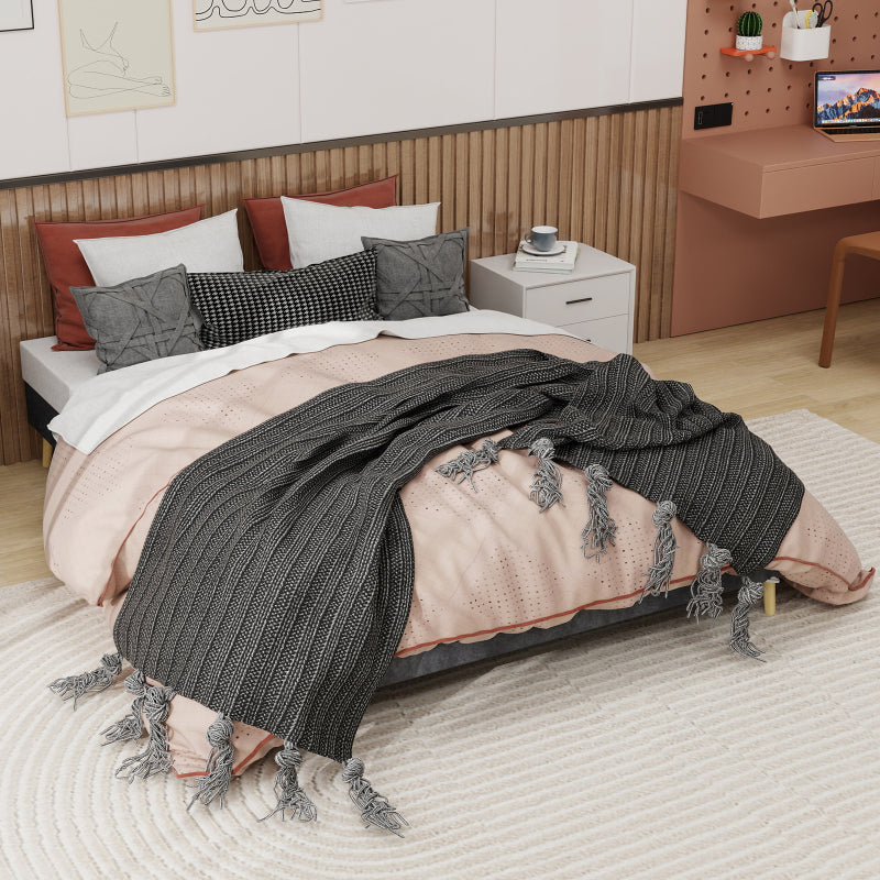 Bedframe – Tweepersoonsbed – Platformbed – Gestoffeerd Bed – Slaapbank – Grijze Dutch Velvet Bekleding – Stevig Metalen Frame – Geschikt Voor Matras 160x200 cm