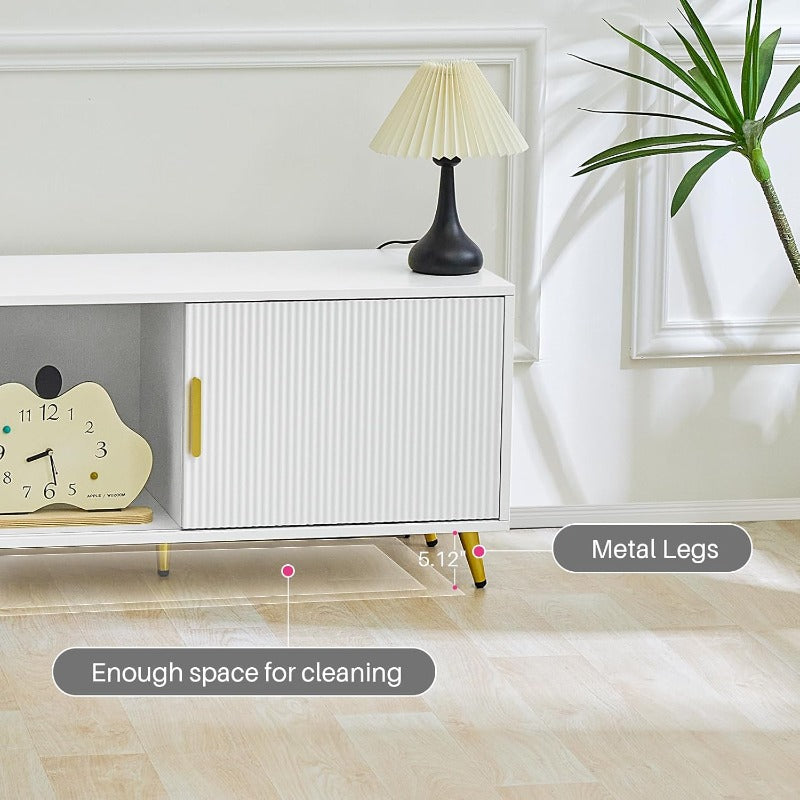 TV-Stand – TV-Meubel – Media Console – TV-Kast – Entertainmentmeubel – Wit Met Gouden Accenten – Geschikt Voor 80 Inch TV – Twee Afsluitbare Kasten
