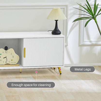 TV-Stand – TV-Meubel – Media Console – TV-Kast – Entertainmentmeubel – Wit Met Gouden Accenten – Geschikt Voor 80 Inch TV – Twee Afsluitbare Kasten