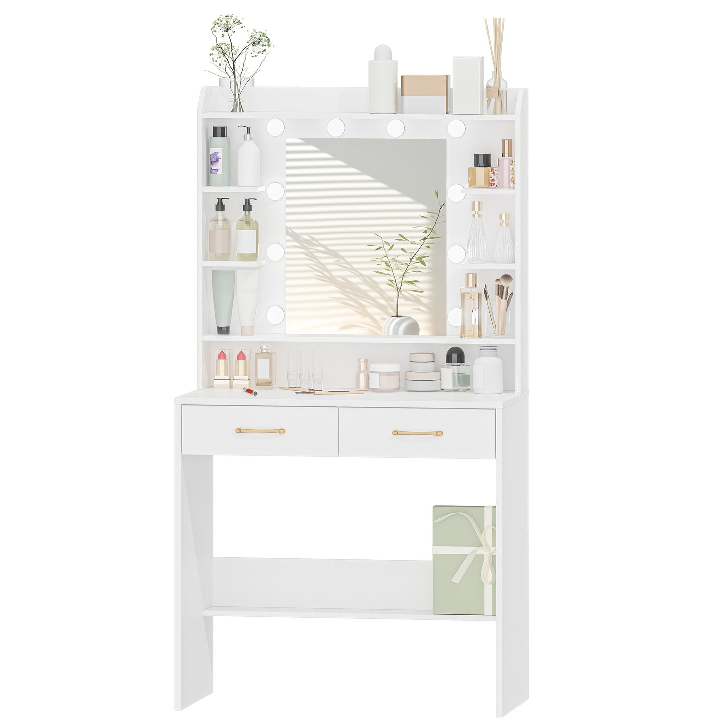 Make-up Tafel – Kaptafel – Make-up Bureau – Toilettafel – Schminktisch – Met Spiegel – 2 Laden En Planken – Verstelbare Verlichting – Wit 40x80x149 cm