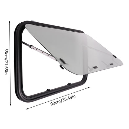 Camperraam – Camper Uitzetraam – Caravan Raam – Motorhome Raam – Uitschuifraam – Gehard Glas 4mm – Nooduitgang 65° Openend – Aluminium Frame