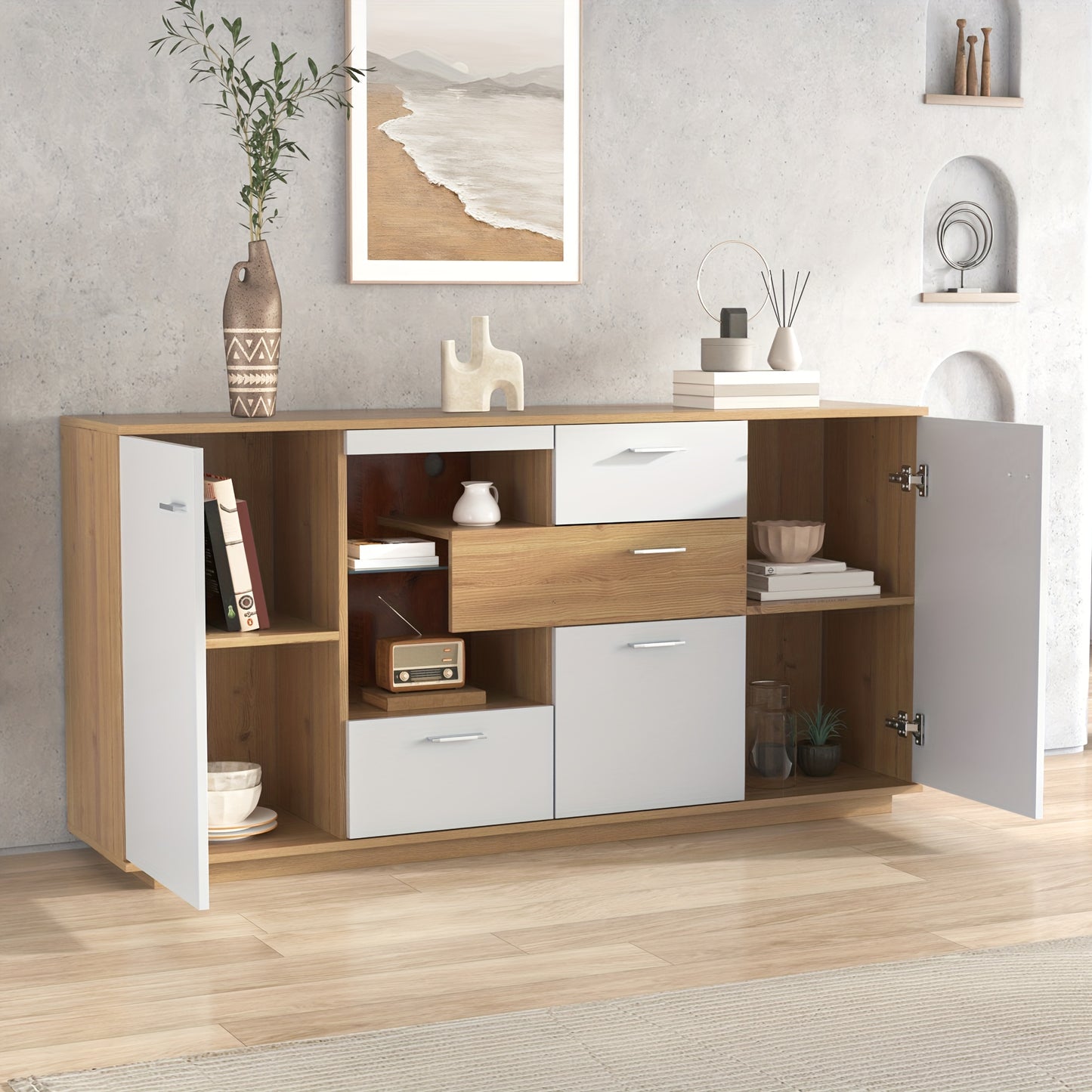 Staande Kast – Opbergkast – Dressoir – Vitrinekast – Meubel – Art Deco Design – Hoogwaardig Rotan – Vrijstaand Zonder Elektriciteit